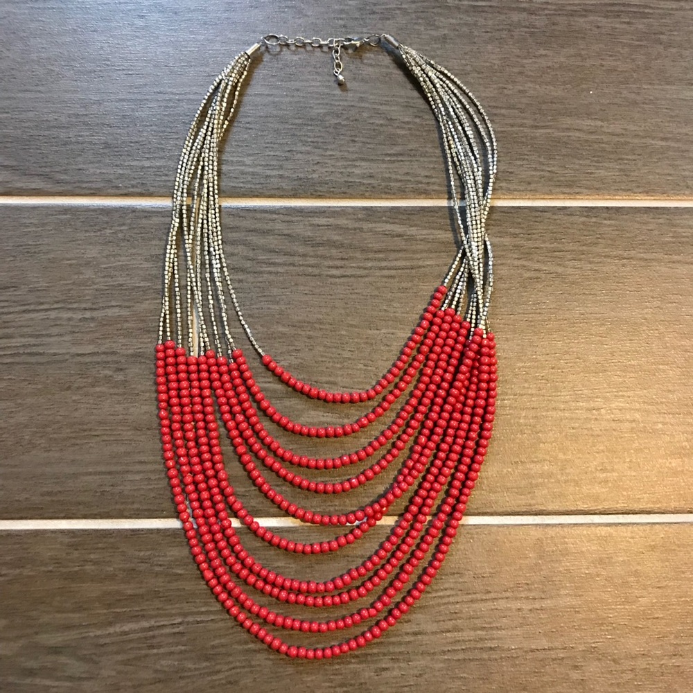 Silver and red beaded necklace